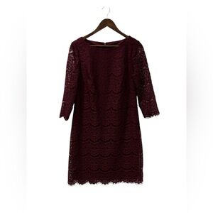 Jessica Howard Lace Knee Length 3/4 Sleeve Sheath Dress Wine Size 8 Romantic